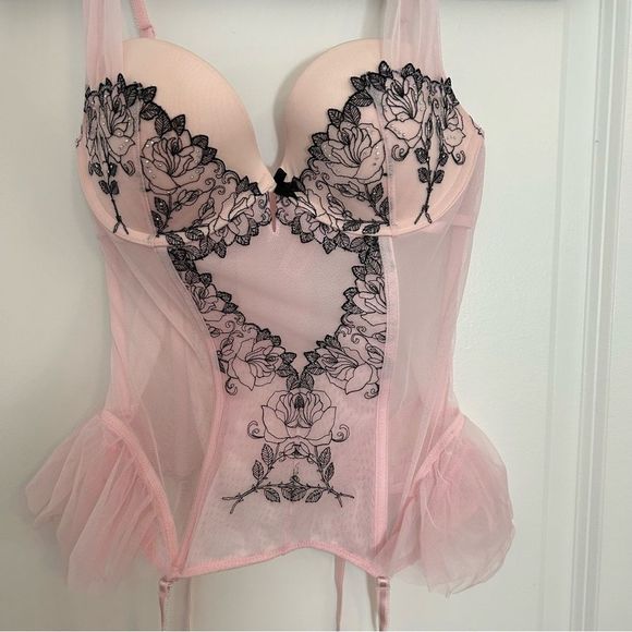 Victorias Secret Pink Corset Mesh Bustier Rhinestone Lingerie 34C - Picture 3 of 11